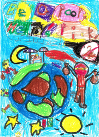 Dog Fouling poster featuring a globe with people satnding on it holding dog poo bags and smiling with the slogan: Be  a Poop Hero! Pick up the poo.