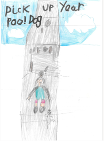 Dog Fouling poster featuring a person walking their dog down a path with the slogan: pick up your poo dog