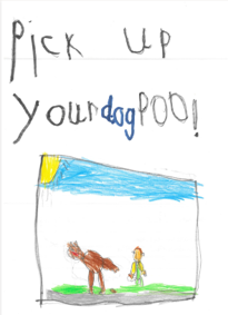 Dog Fouling poster featuring a dog walking in the park with a dog poo on the ground with the slogan: pick up your dog poo