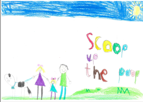 Dog Fouling poster featuring a family walking a dog  with the slogan: scoop the poop