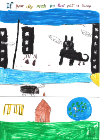 Dog fouling awareness poster from Oliver Plunkett Special School with the slogan:  If your dog needs a poop get a scoop
