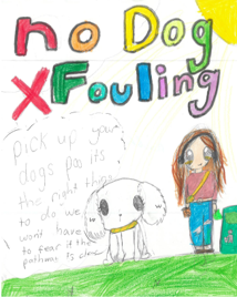 Dog Fouling poster featuring a cartoon style person and their dog beside a bin with the slogan: no dog fouling