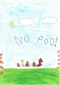 Dog Fouling poster featuring a dog poo with dogs in the park on a sunny day with the slogan: no poo