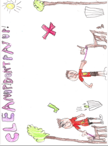 Dog Fouling poster featuring a person collecting dog poo with a tick and a person not collecting with a cross  with the slogan: clean up don't pay up