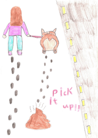Dog Fouling poster featuring a dog and a person walking away from a poop with the slogan: pick it up