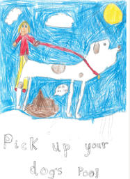 Dog Fouling poster featuring a dog walking and a large poo underneath it with the slogan: pick up your dogs poo