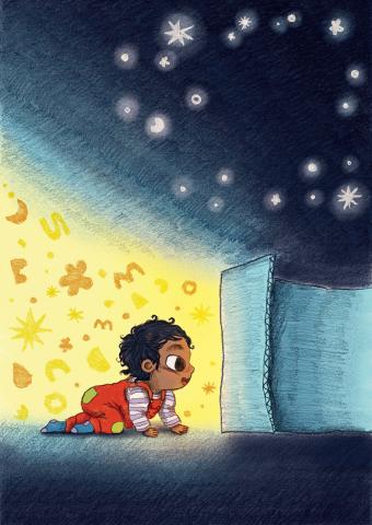 Coloured illustration of a child under 2 years if age, wearing red patched overalls, is crawling towards a cardboard box, open on its side. Above the box the sky is dark with bright stars. Coming out of the box is bright yellow light and orange and yellow shapes.