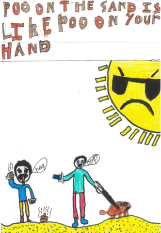 Dog Fouling poster featuring a dog walker on the beach and another person with dog poo in their handn with the slogan: Poo in the sand is like poo on your hand