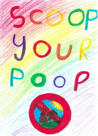Dog Fouling poster featuring a ceossed out image of a dog poop with a colourful background with the slogan: Scoop your poop