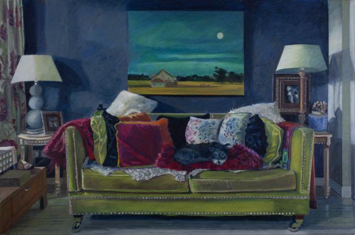 Detailed painting of a sitting room in a house with a green sofa as the focal point. It is covered with cushions and throws. There are two lamps on either side of the sofa, on side tables; both have white lampshades. the wall is deep blue and there is a painting of a landscape on it