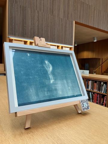 a framed artwork site on top of a chest height bookcase. the artwork is all blue and in the middle is a fuzzy image of a woman bending over to dry herself after swimming