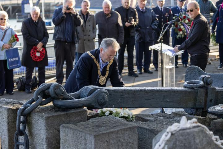 An Cathaoirleach, Councillor Jim O'Leary at the RMS Leinster Wreath Laying Ceremony