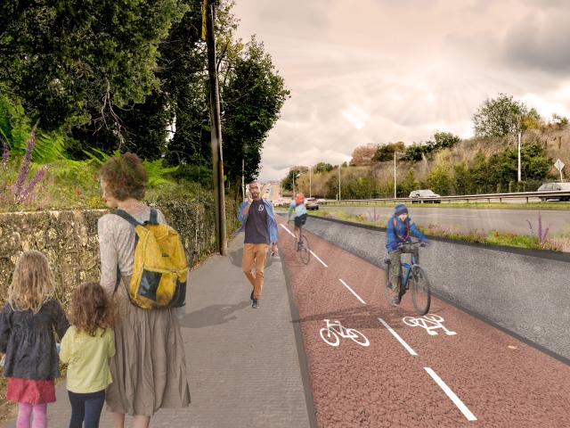 An illustration An illustration of sidewalk &amp; bike path populated by pedestrians &amp; cyclists enjoying a leisurely walk &amp; ride in a natural setting.