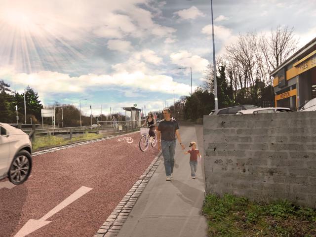 An illustration An illustration of sidewalk &amp; bike path populated by pedestrians &amp; cyclists enjoying a leisurely walk &amp; ride in a natural setting.