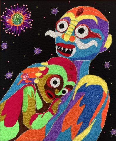 Brightly coloured artwork shows a human like figure with fangs holding a child like figure. They are surrounded by stars and what could be planets or amoebas.