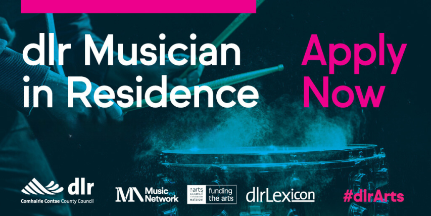 graphic with background image of person playing drums. Text states dlr Musician in Residence Apply Now