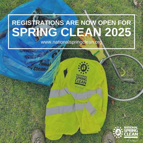 Registations open for spring clean 2025 poster with hi vis, litter picker and clean up bag in the picture
