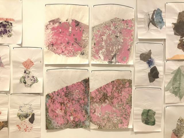 Photo of many pieces of paper pinned to a white wall. On the paper are different shapes and colours. There is a lot of pink in this section.