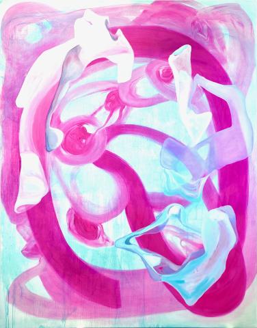 painting. a swirl of pink and light blue abstract shapes