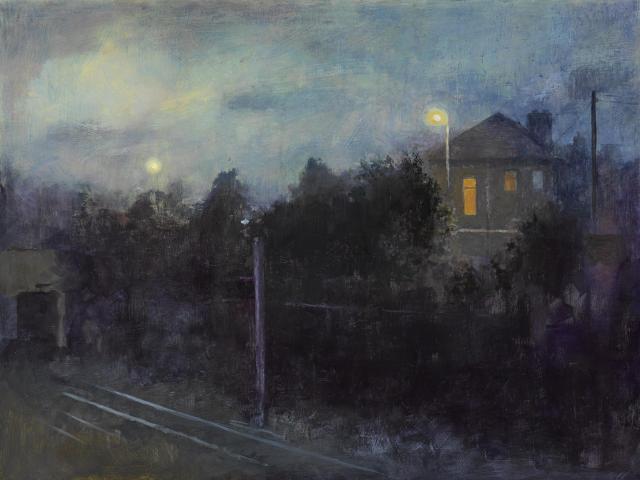 painting of a railway in moonlight. along the side of the railway are trees and street lights, behind them is a house with a window glowing yellow.