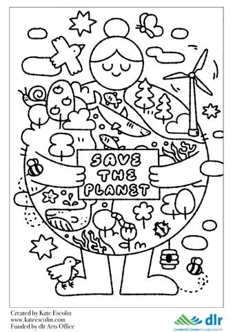 drawing of a round woman holding a sign saying "save the planet". On the round woman's body there are many items from nature like a bird, trees, whale, bees and a windmill.