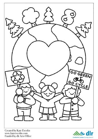 Drawing of the planet with trees along the top and a heart in the middle. Under the planet are three people. One holds a recycling sign while the other holds a sign saying "Go green, go cycle" with a drawing of a bicycle.