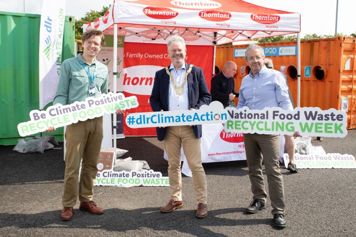 : L-R: Fearghal McCollum Environmental Awareness Officer, Cathaoirleach Cllr. Jim O’Leary, John Byrne, Sustainability Manager Thorntons Recycling