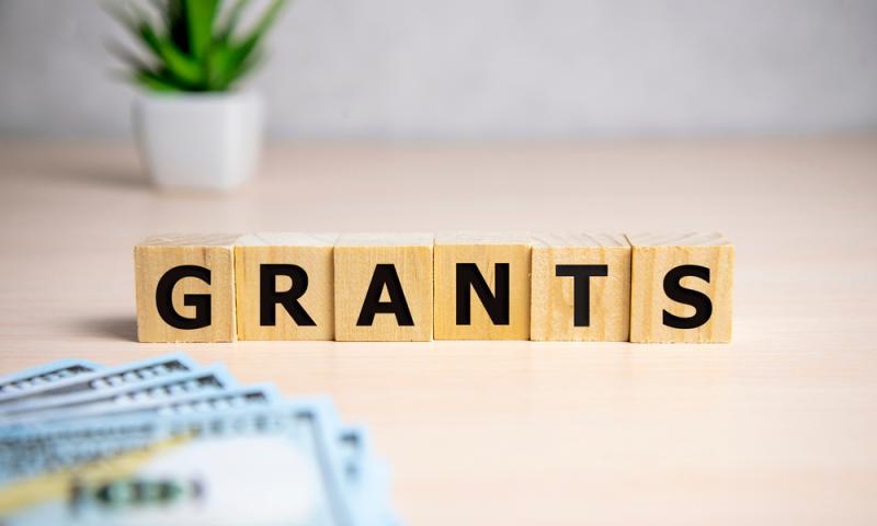 wooden scrabble letters are standing in a line spelling out &quot;grants&quot; next to some money