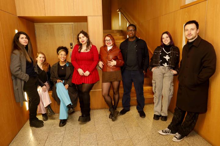 Eight members of the cast and crew of the short film I Will Appear in the Middle of Your Dreams photographed in the foyer of dlr LexIcon