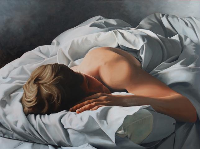 Painting of a man asleep in a bed. The bed has white sheets, pillows and a tussled white duvet. His head, bare arm and shoulder are visible protruding from the duvet