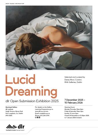 poster for the lucid dreaming exhibition. the main image is a painting of a man asleep. you can see his head, bare arm and shoulders outside of a tussled white duvet and pillow