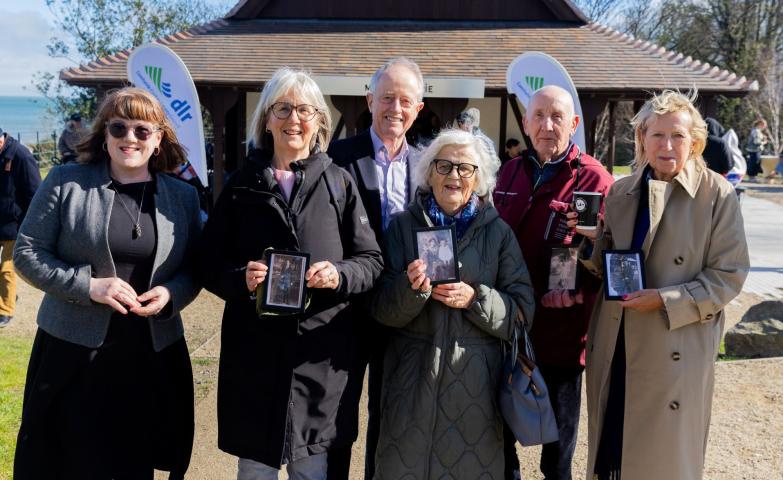 Deirdre Black, Heritage Officer, Dún Laoghaire-Rathdown County Council with Doris Rafferty,  Tom Feeney (Blackrock Business Association), Betty Rafferty, Anthony Rafferty and Bernie Murray whose mother, Elizabeth Lambert, grew up in the tearooms.