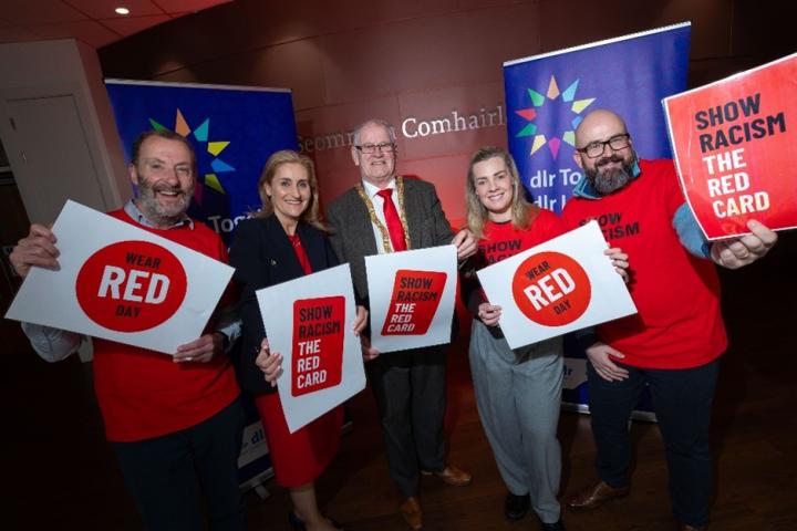 A group photo of Stephen Brady, Director of Corporate Affairs, Anne Devine, Deputy Chief Executive, An Cathaoirleach, Jim Gildea, Elaine Ryan, Equality &amp; Access Officer &amp; Tim O’Driscoll, Staff Wellbeing Officer.