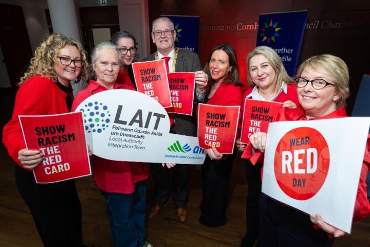 A group photo of Debbie Kearney, LAIT,, Karen Heffernan, LAIT, Lucy O’Donnell, Senior Librarian, LexIcon, An Cathaoirleach, Jim Gildea, , Deirdre Baber, Director of Community, Cultural Services and Parks, Lina Negru, LAIT &amp; Mary Ruane, Senior Executive Officer, Community, Cultural Services and Parks.