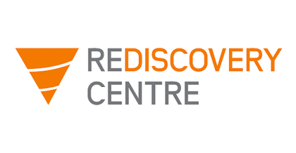 Rediscovery Centre branding and logo in orange and grey