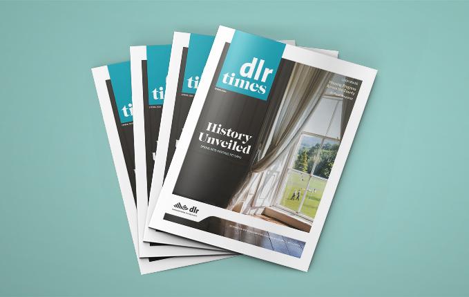Magazine Layout of dlr Times with photo of Marlay House Window looking out to park