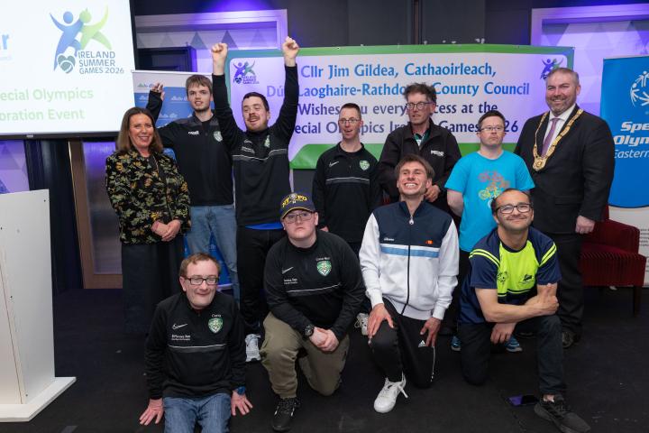 Deirdre Baber, Director of Services, Community, Cultural Services and Parks Department and A/An Cathaoirleach, TD Barry Ward Dún Laoghaire-Rathdown County Council, with Special Olympics Ireland Athletes