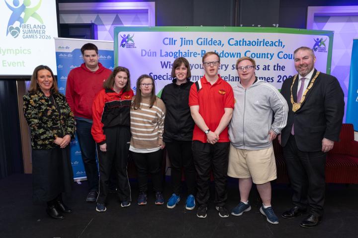Deirdre Baber, Director of Services, Community, Cultural Services and Parks Department and A/An Cathaoirleach, TD Barry Ward Dún Laoghaire-Rathdown County Council, with Special Olympics Ireland Athletes