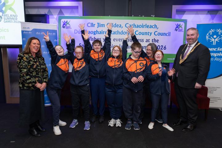 Deirdre Baber, Director of Services, Community, Cultural Services and Parks Department and A/An Cathaoirleach, TD Barry Ward Dún Laoghaire-Rathdown County Council, with Special Olympics Ireland Athletes