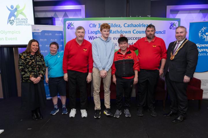 Deirdre Baber, Director of Services, Community, Cultural Services and Parks Department and A/ An Cathaoirleach, TD Barry Ward Dún Laoghaire-Rathdown County Council, with Special Olympics Ireland Athletes