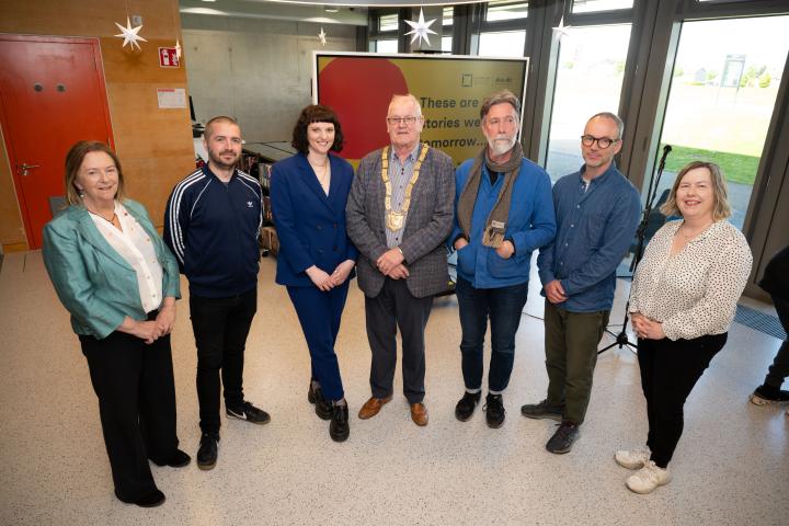 Cllr Lettie McCarthy, artists Patrick Mulvihill and Heather Griffin, Cathaoirleach Cllr Jim Gildea, artists Karl Burke and David Beattie, Cllr Carrie Smyth at the launch of two new public artworks for Ballyogan Library.