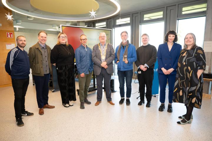 Artist Patrick Mulvihill, Kenneth Redmond – County Arts Officer, Louise Dredge – Public Arts Co-ordinator, artist David Beattie, Cathaoirleach Cllr Jim Gildea, artist Karl Burke, Ian Cleary - Librarian, artist Heather Griffin, Catherine Gallagher – County Librarian, at the launch of two new public artworks for Ballyogan Library.
