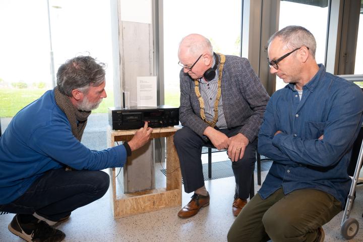 Artists Karl Burke and David Beattie with Cathaoirleach, Cllr Jim Gildea at the launch of two new public artworks for Ballyogan Library.