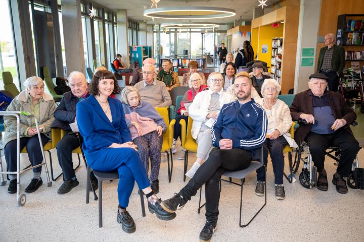 Artists Heather Griffin and Patrick Mulvihill with residents of Leopardstown Care Centre at the launch of two new public artworks for Ballyogan Library.
