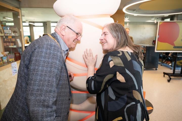 Cathaoirleach Cllr Jim Gildea and Catherine Gallagher, County Librarian at the launch of two new public artworks for Ballyogan Library.