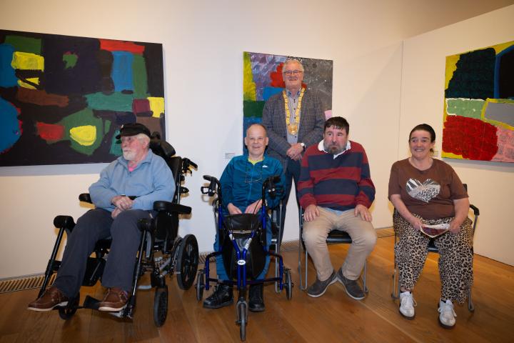 Cathaoirleach, Cllr Jim Gildea with artists Andrew Pike, Jason Turner, Fergus Fitzgerald and Sinéad Fahy at the opening of Lifework Exhibition at dlr LexIcon