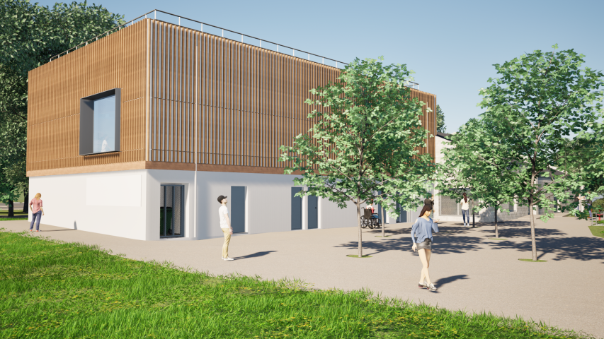 Exterior of sports building with trees and people
