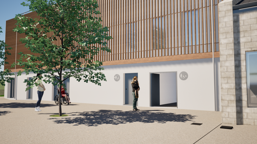 Front of building with tree and people
