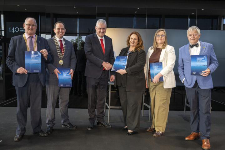 At the Dún Laoghaire-Rathdown Chamber of Commerce’s formal presentation of the Dún Laoghaire-Rathdown Bespoke Locale Report to the Chief Executive of Dún Laoghaire-Rathdown County Council (From left to right) An Cathaoirleach Cllr. Jim Gildea, Colin Brown, President, Dún Laoghaire-Rathdown Chamber of Commerce, Frank Curran, Chief Executive, Dún Laoghaire-Rathdown County Council, Colette O’Sullivan, CEO, Dún Laoghaire-Rathdown Chamber of Commerce, Aisling Ní Mhuirí, Co-Founder of Sunstone and Enda O’Coineen,