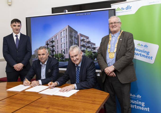 A picture of Gerard O'Sullivan, Director of Housing, DLR, Michael Hynes, CEO, Evara, Frank Curran, Chief Executive, DLR, Jim Gildea, Cathaoirleach, DLR.